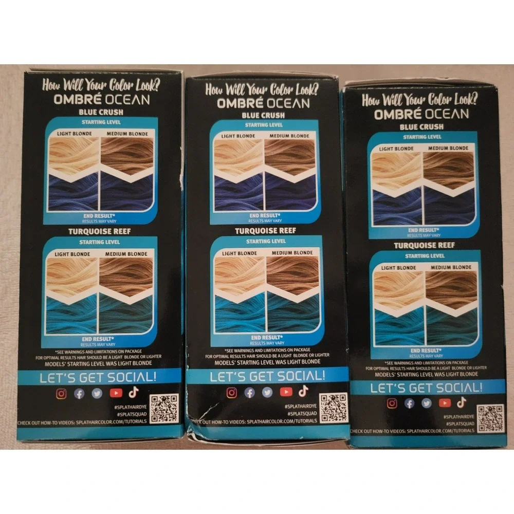 3 X Splat Ombre Ocean - Turquoise Reef and Blue Crush Complete Hair Color Kit